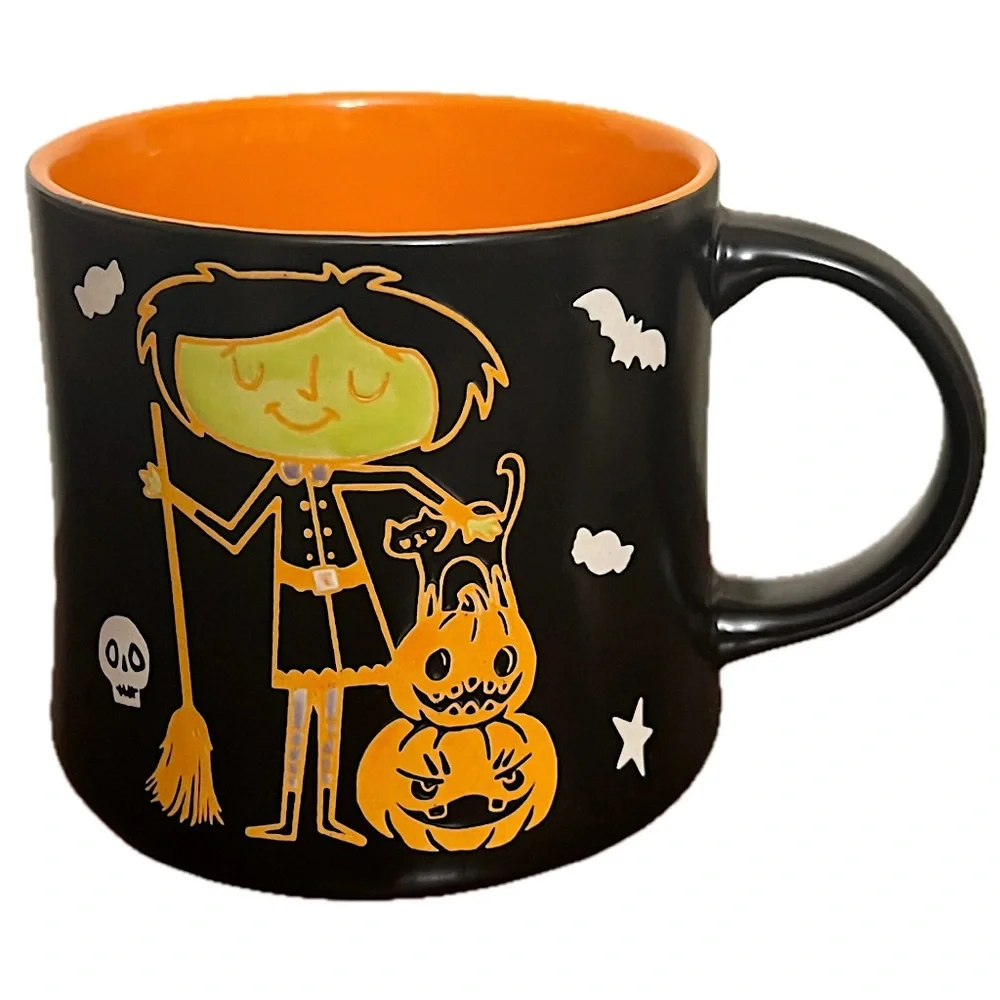 Mug 16oz goth girl witch with black cat & pumpkin skull bats